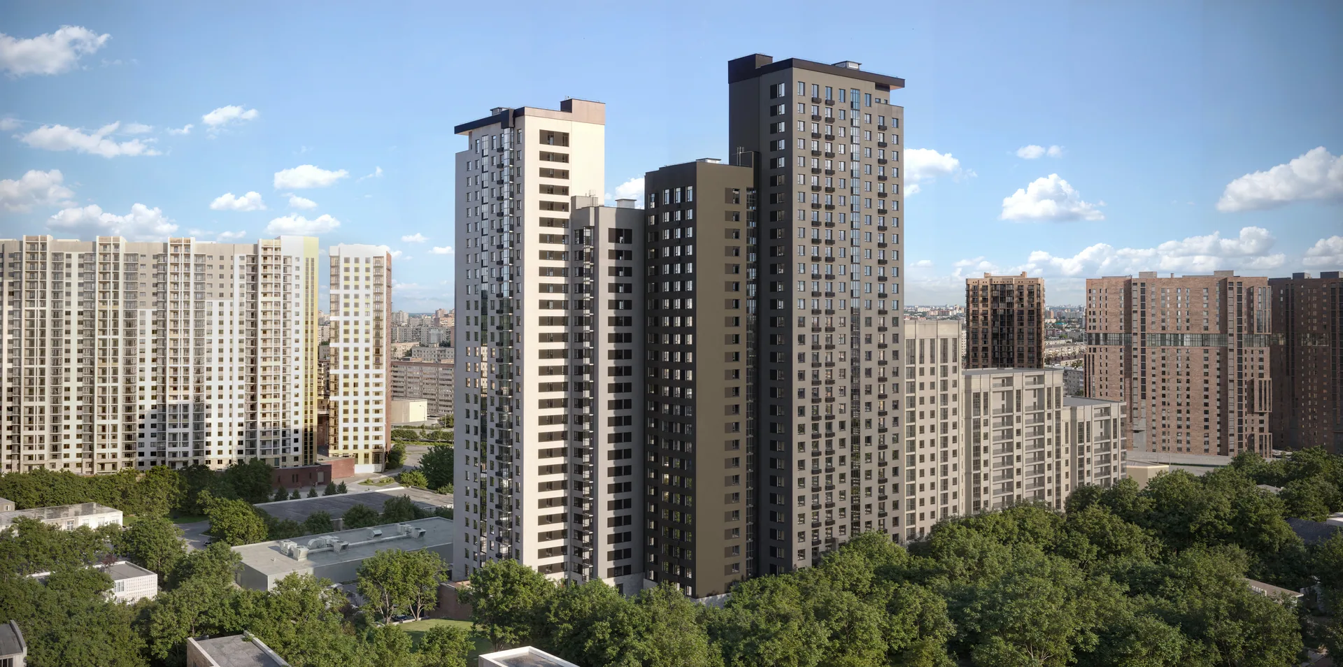 Башни Дзен в панораме Новосибирска